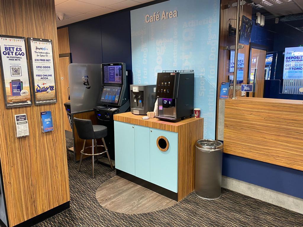 BoyleSports rollout shop interior with branded blue scheme
