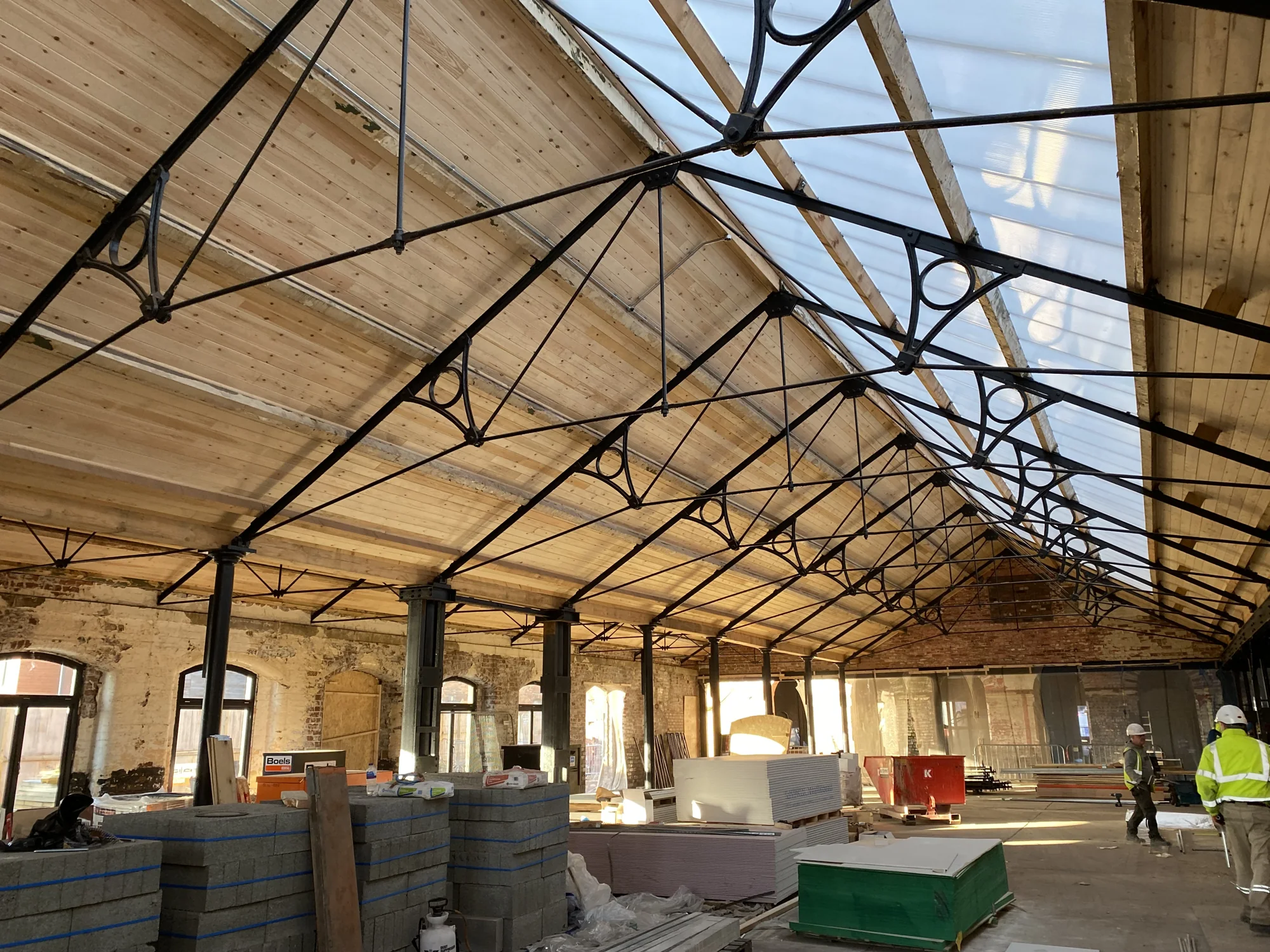 Timber-lined roof and retained trusses at Rutland Mills during the works