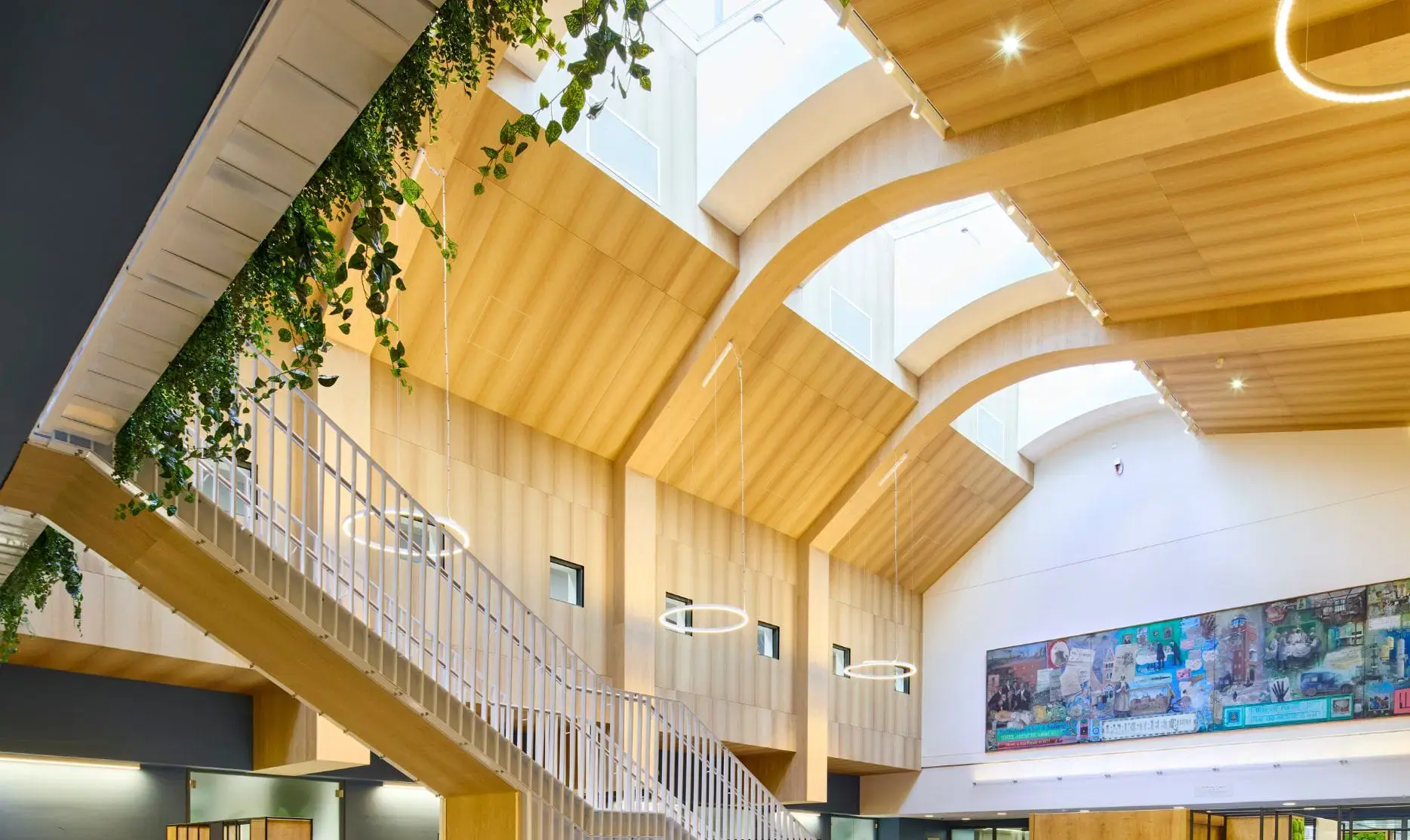 Modern educational atrium fit-out by CJ Joinery Contracts featuring timber-clad ceiling, bespoke staircase and joinery-led breakout spaces