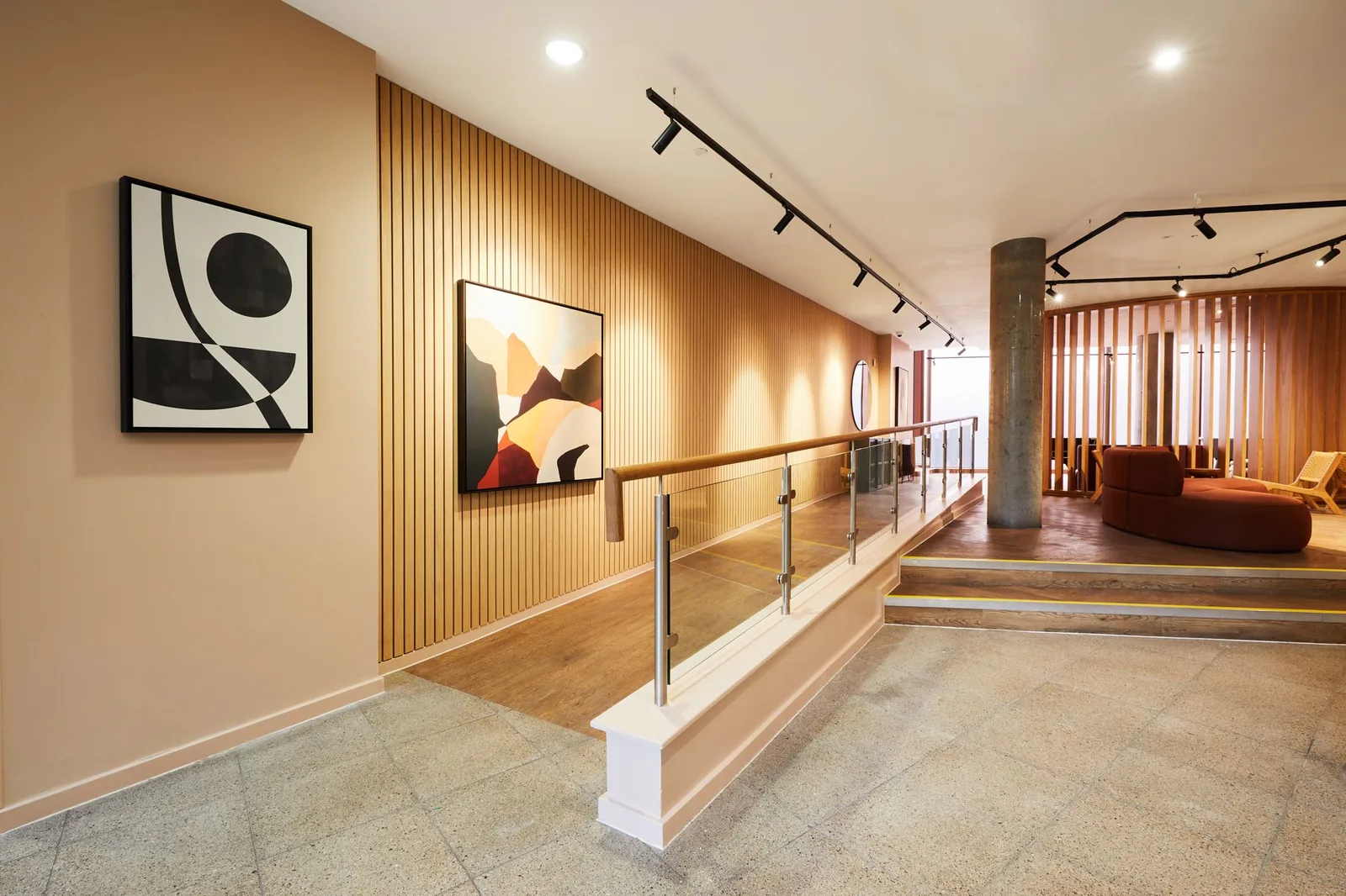Timber wall panelling in a communal corridor at Angel Lane, London