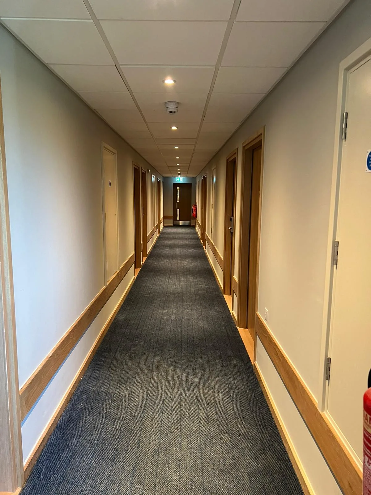 Corridor with door sets installed at the Travelodge extension, Boston